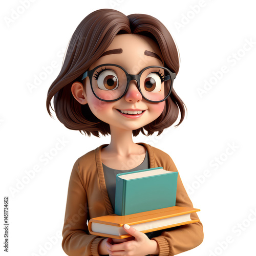 Cartoon Girl with Books, Brown Hair, Glasses, Transparent Background