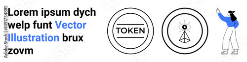 Circular token labeled Token, abstract eye-focused design, and a woman pointing, set within a modern layout. Ideal for digital identity, blockchain, cryptocurrency, NFT, fintech abstract design