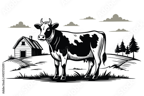 Black and white monochrome cow stands near a farm house under a cloudy sky