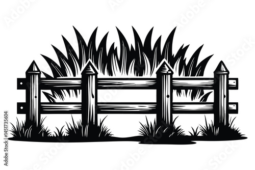 Black monochrome wooden fence stands behind tall grass isolated on white background shows transparency