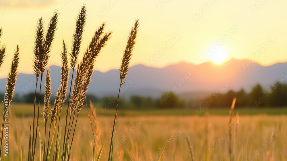 Fototapeta premium The golden sunlight shines on wheat fields and mountain silhouettes