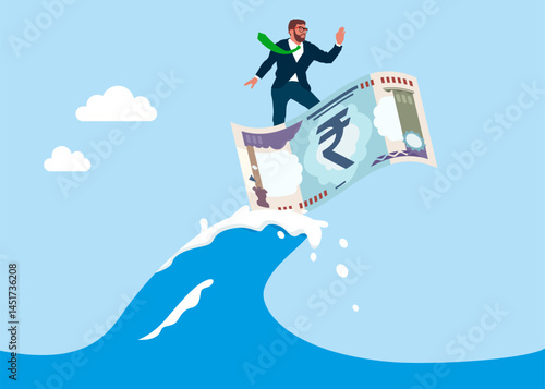 Career growth, motivation, ambitions, innovation. Businessman surfing on rupee banknote. Business success.  Investment challenges.  Modern vector illustration in flat style