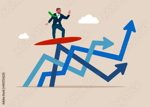 Confident businessman surfing financial stock graphs. Business success. Modern vector illustration in flat style