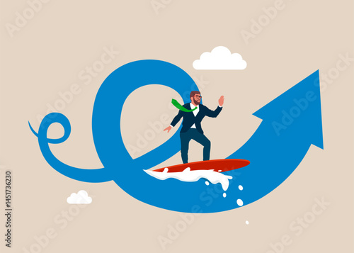 Riding stock graph waves on surfboard showing. Business success. Modern vector illustration in flat style