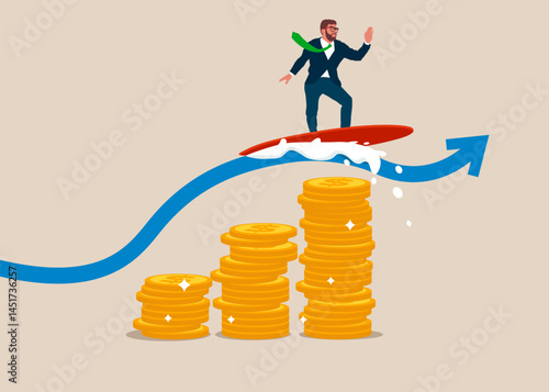 Businessman surfing on the wave graph. Business success. Opportunities in the economy and financial crisis. Career growth, motivation, ambitions, innovation. Modern vector illustration in flat style