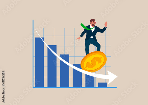 Businessman surfing for economic down fall, collapse recession or financial crisis. professional to smooth ride in market downturn. Modern vector illustration in flat style