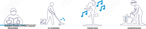 Flat vector line icons representing various human actions, movements, and daily activities.