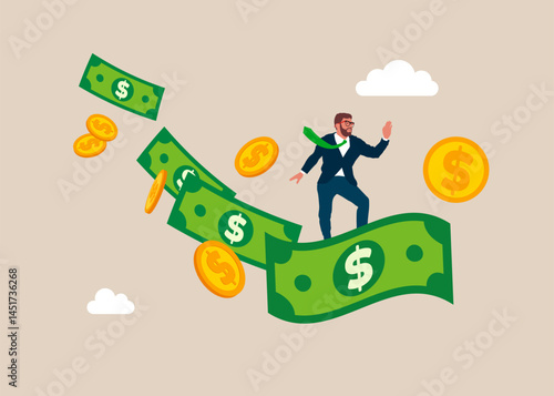Confident businessman surfs on a wave of moneys. Surfing on money. Business success. Opportunities in the economy and financial crisis. Flat vector illustration