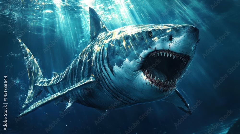 Fototapeta premium A massive, ancient shark with open jaws swims underwater, displaying sharp teeth. Sunbeams stream down