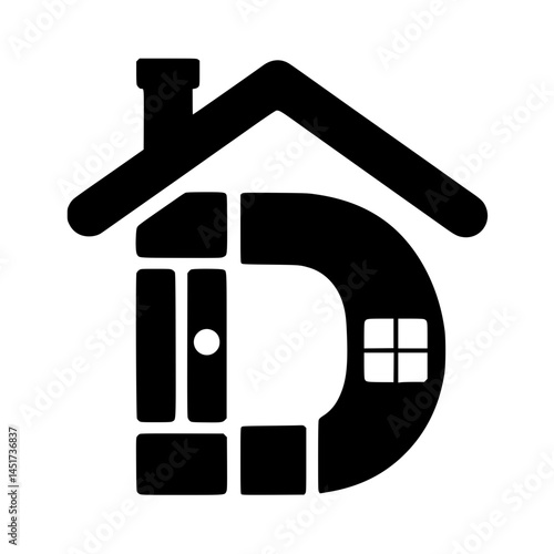 Letter D Shaped House Real Estate Logo, Creative black and white vector logo combining the shape of a house with the letter D, ideal for real estate or home design branding.

