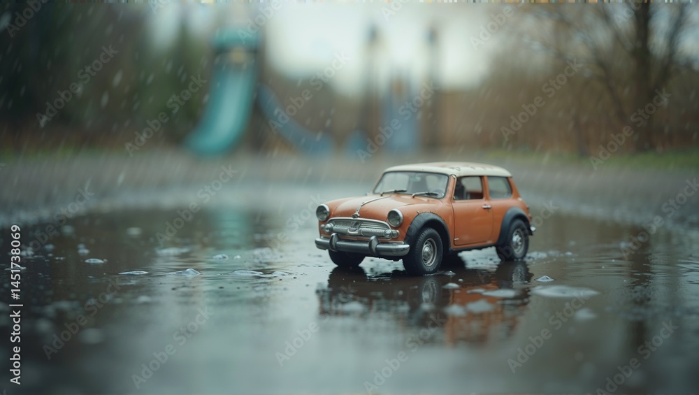 Fototapeta premium Close-up of a toy car on a wet surface with raindrops in a playground setting