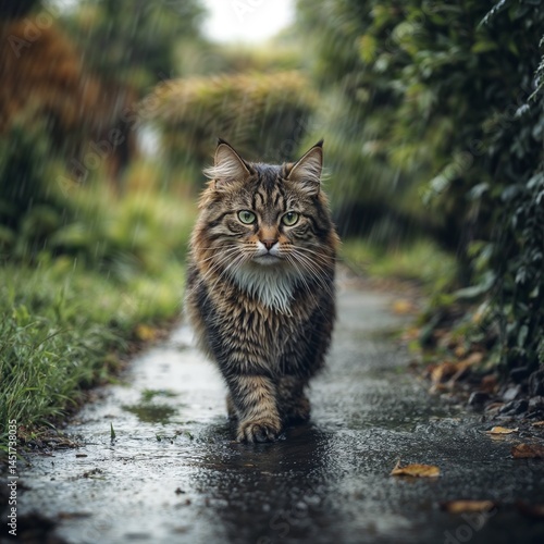 wet cat Walking in the park