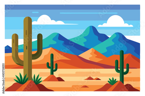 Colorful desert landscape reveals tall cacti against the backdrop of blue mountains under a bright sky