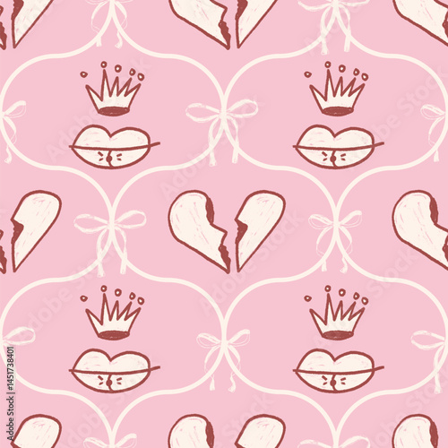 Coquette damask crayon seamless pattern. Girly ogee grunge endless background. Bow and broken heart, lips with crown repeat cover. Doodle falling love continuous ornament. Vector print.