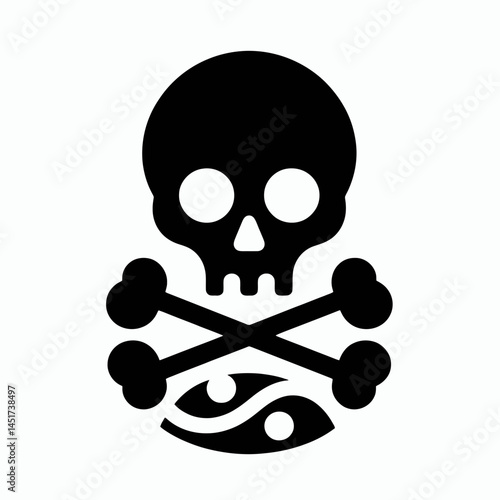  very simple flat and single minimalist Skull and Crossbones Silhouettes in black on a white background 