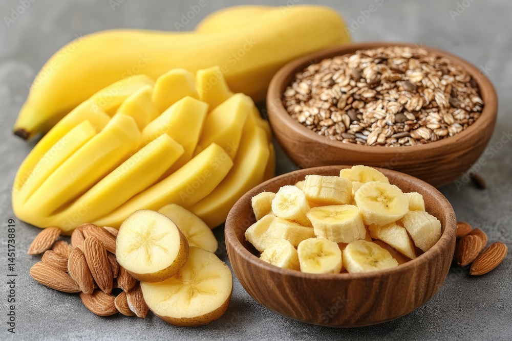 Fresh fruit and granola on a gray surface Fresh fruit and granola on a gray surface