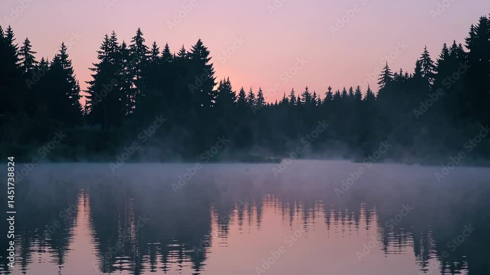 Serene misty lake with reflective waters and tranquil forest at sunrise Serene misty lake with reflective waters and tranquil forest at sunrise