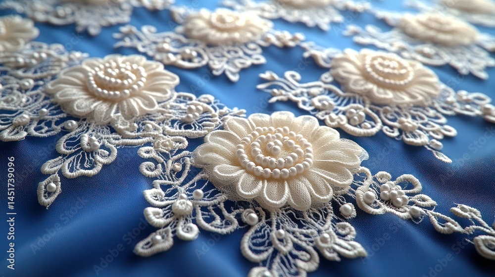Fototapeta premium Delicate white lace flowers on a blue fabric