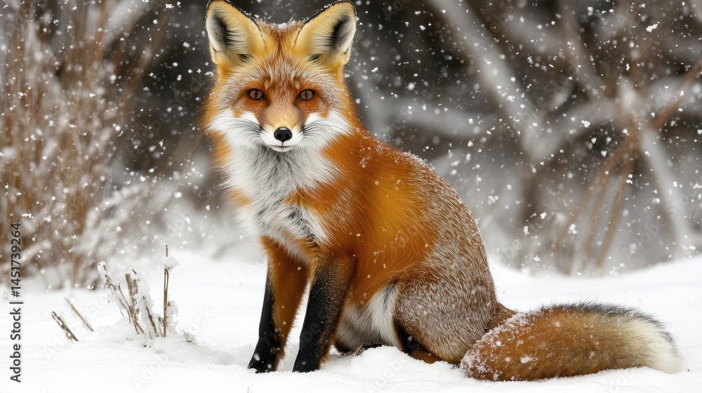 A red fox sits calmly in the snow, captured in a winter wildlife photo. A red fox sits calmly in the snow, captured in a winter wildlife photo.