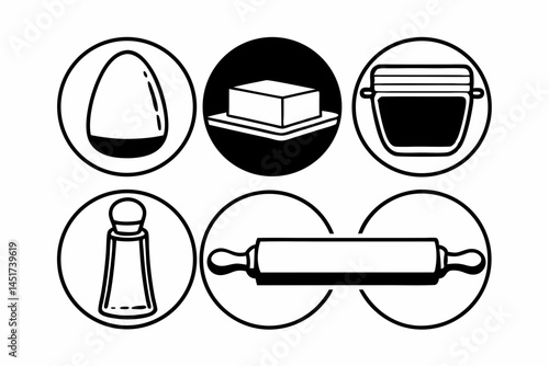 Baking Ingredients Icons Set Egg Butter Jar Salt Rolling Pin Black and White Illustration