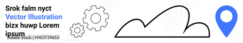 Cloud outline next to blue location marker, and two gear icons. Ideal for technology, navigation, cloud storage, innovation, connectivity, data sharing, simple landing page