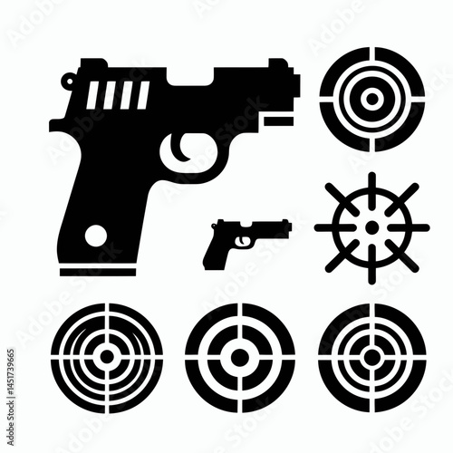  very simple flat and single minimalist Gun and Target Silhouettes in black on a white background 
