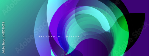 Abstract background features layered, translucent circles. Colors shift from purple, blue to vibrant green. Text reads background design.