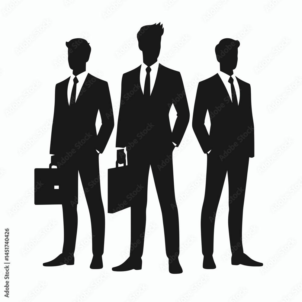 very simple flat and single minimalist Three Businessmen Standing Silhouettes in black on a white background very simple flat and single minimalist Three Businessmen Standing Silhouettes in black on a white background