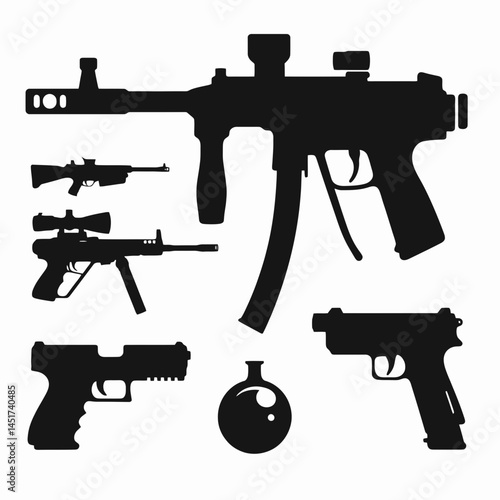  very simple flat and single minimalist Paintball Gun Silhouettes in black on a white background 