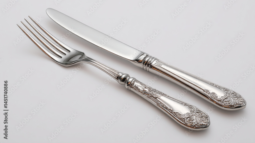 Elegant silver fork and knife with ornate handles on white background Elegant silver fork and knife with ornate handles on white background