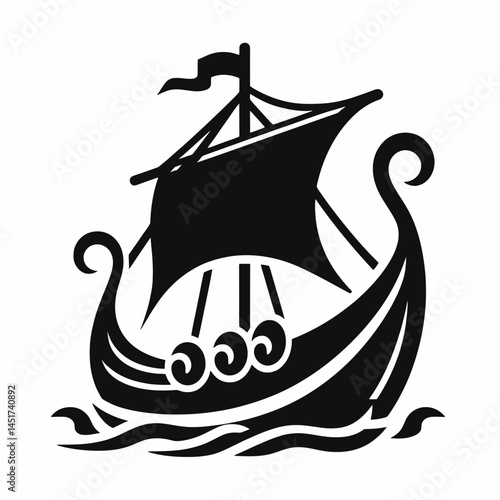  very simple flat and single minimalist Viking Ship Silhouettes in black on a white background 
