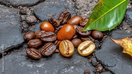Obraz na płótnie Fresh roasted coffee beans lying on ground, rich detail and earthy textures w salonie