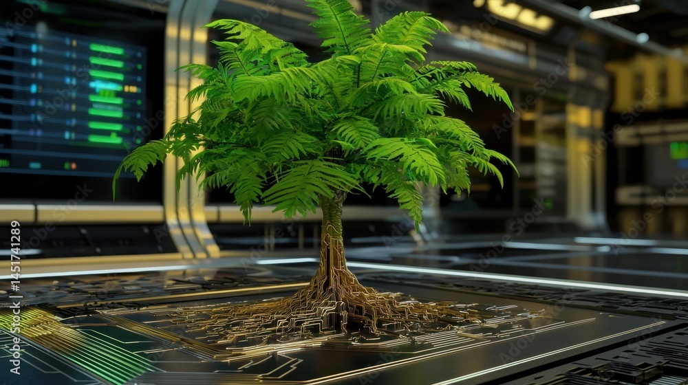 Futuristic digital eco-scene, tree growing from high-tech circuitry base