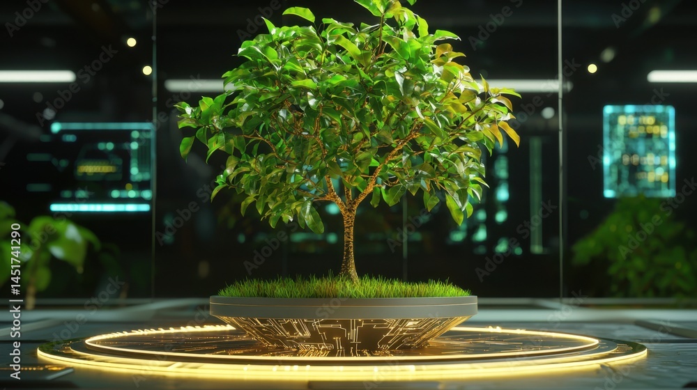 Futuristic digital eco-scene, tree growing from high-tech circuitry base