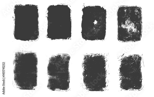 Ink grunge text boxes set. Callouts rectangles frames. Linocut rolled paint black border tag. Vector handmade brayer stamp smudged texture. Rough paint decorative irregular edgy geometric figures.