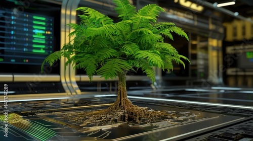 Futuristic digital eco-scene, tree growing from high-tech circuitry base