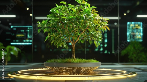 Futuristic digital eco-scene, tree growing from high-tech circuitry base