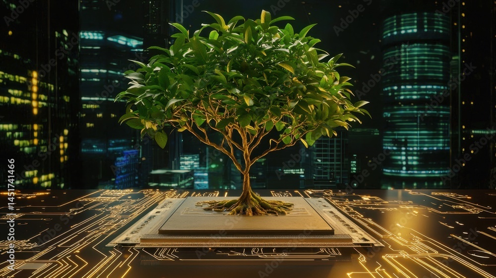 Futuristic scene of a lush tree sprouting from an electronic motherboard