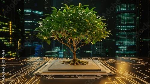 Obraz na płótnie Futuristic scene of a lush tree sprouting from an electronic motherboard w salonie