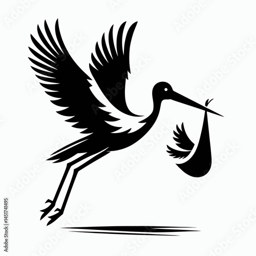 very simple flat and single minimalist Stork Brings Baby Silhouettes in black on a white background