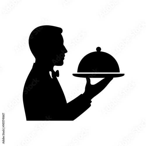  very simple flat and single minimalist Waiter with Dish Silhouettes in black on a white background 