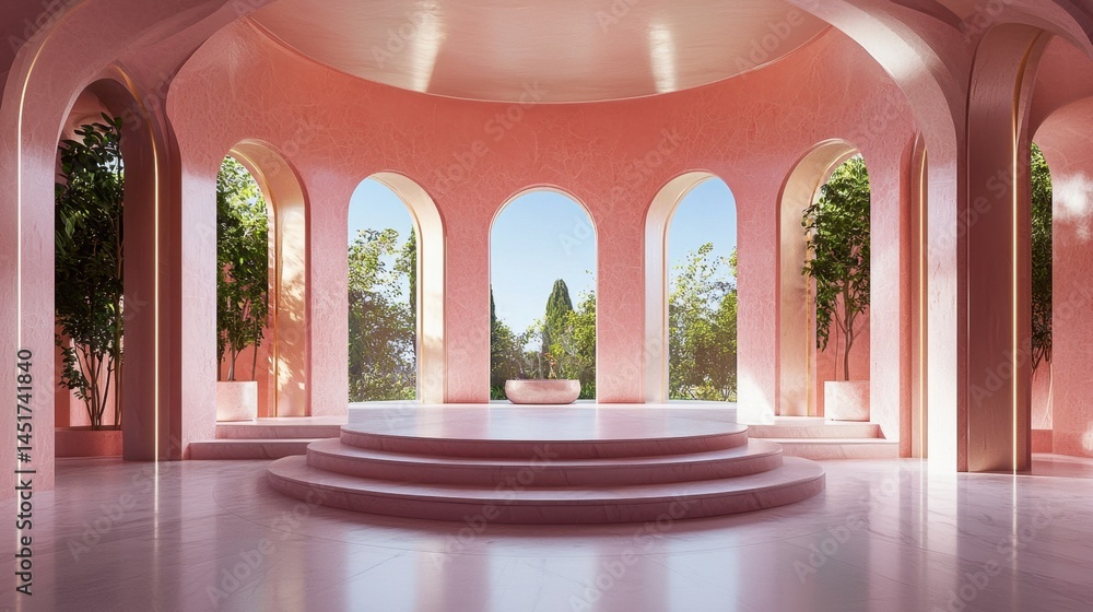 Graceful pink-themed room with arches and a circular stage, soft lighting and dreamy vibe