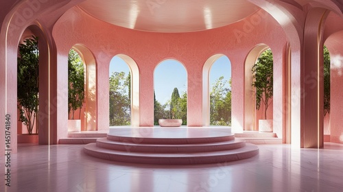 Obraz na płótnie Graceful pink-themed room with arches and a circular stage, soft lighting and dreamy vibe w salonie