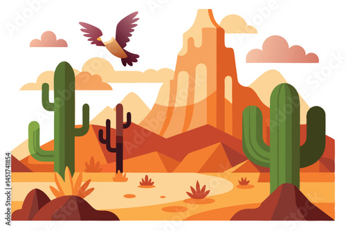 Majestic desert landscape features saguaro cacti, flying bird, colorful mountains, and sunset cloudscape