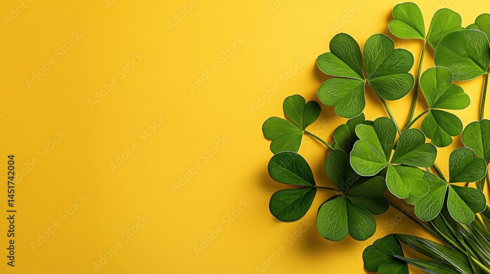 Green clovers over vibrant yellow backdrop, cheerful and festive Saint Patricks Day scene