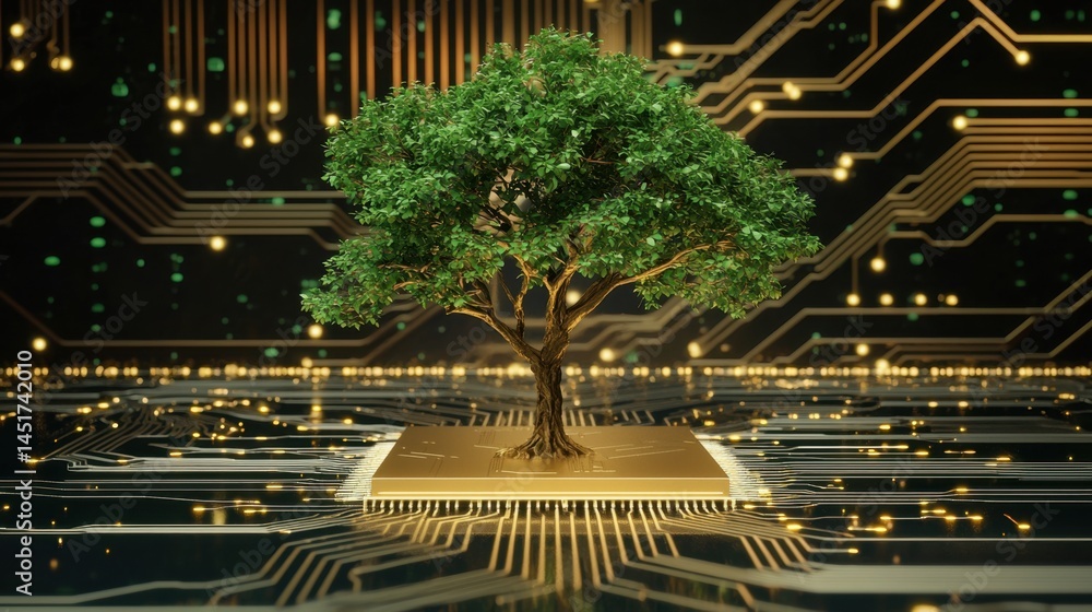 Green tree sprouting from circuit board, symbolizing harmony between nature and tech.