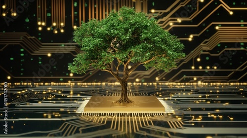 Obraz na płótnie Green tree sprouting from circuit board, symbolizing harmony between nature and tech. w salonie