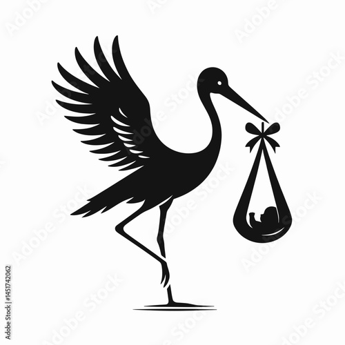 very simple flat and single minimalist Stork Brings Baby Silhouettes in black on a white background 