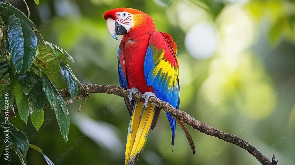 Obraz premium A Scarlet Macaw perched gracefully on a branch in the forest, showcasing its brilliant red, yellow, and blue plumage amidst a lush, green canopy.