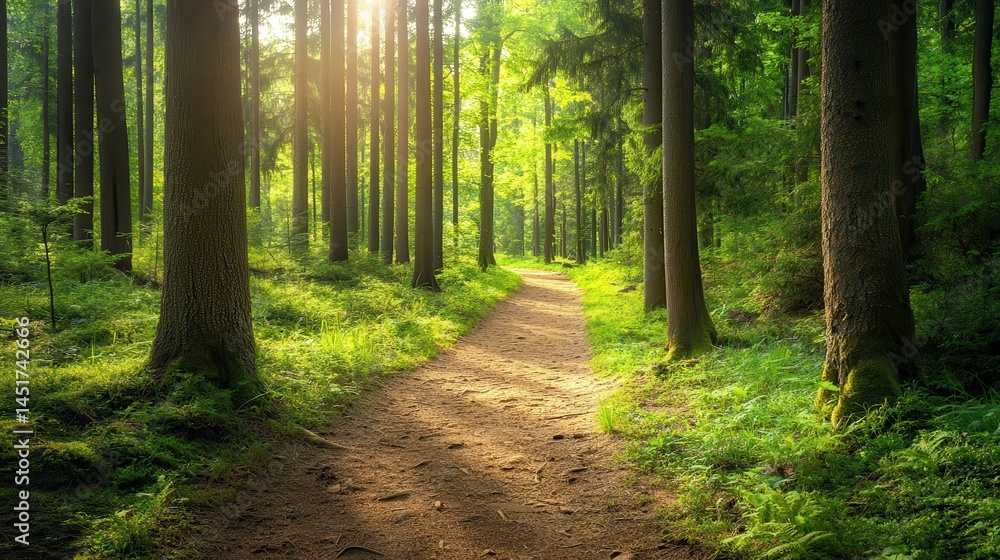 Fototapeta premium Sun shines through the dense, green forest along a winding dirt path. Use this for promoting nature, peace, or outdoor adventure.